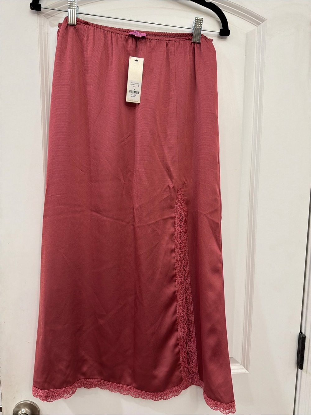 Francesca's Collections Rose Pink Satin Slip Skirt with Lace Trim
